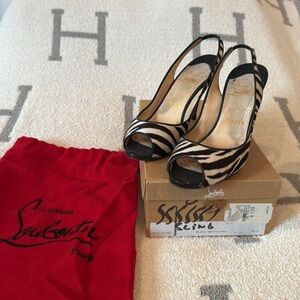 Christian Louboutin Sz 8.5 / 38.5 Zebra print pony hair sling back heels